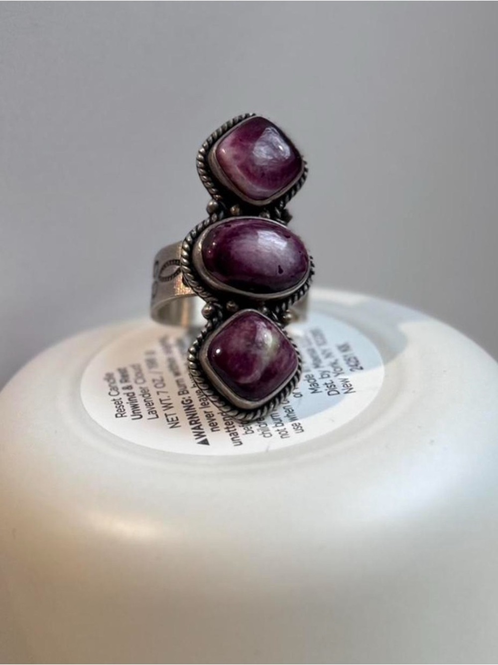 Handcrafted Purple Three-Stone Silver Ring